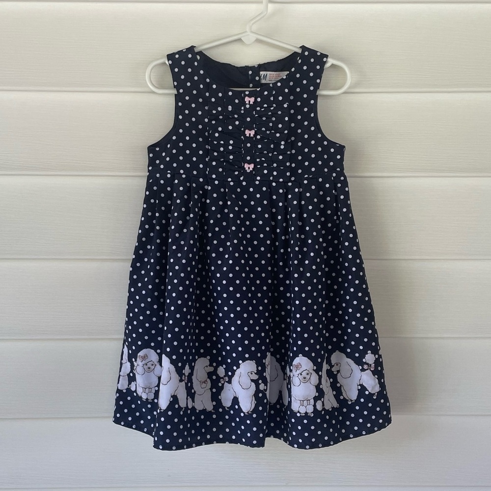 H&m Sleeveless Dress Navy Blue Polka Dot Dogs Prints Sz 4-5.